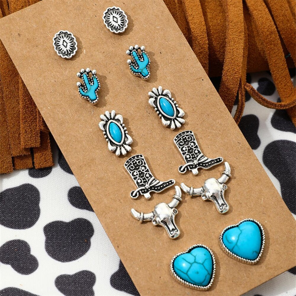 6pairs/Set Western Style Stud Earrings Natural Turquoise Silver Tone